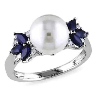 Pre-owned Amour 9 - 9.5 Mm Cultured Freshwater Pearl, Diamond And Sapphire Ring In 10k In White