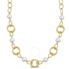 AMOUR AMOUR 9-10MM CULTURED FRESHWATER PEARL AND CIRCLE RINGS STATION NECKLACE IN YELLOW PLATED STERLING S