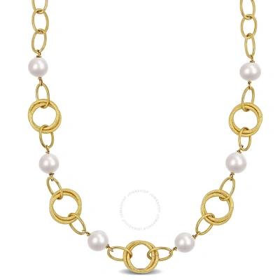 Amour 9-10mm Cultured Freshwater Pearl And Circle Rings Station Necklace In Yellow Plated Sterling S