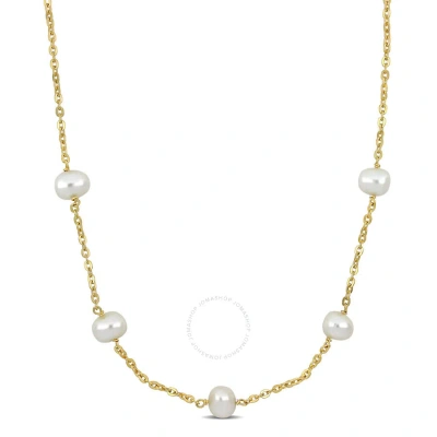 Amour 9-10mm Cultured Freshwater Pearl Station Necklace In Yellow Plated Sterling Silver