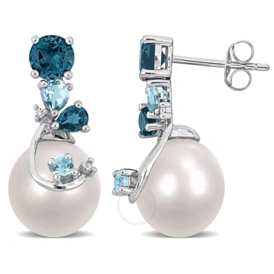 Amour 9-10mm Freshwater Cultured Pearl 2 Ct Tgw London & Sky Blue Topaz And Diamond Accent Pearl Ear In White