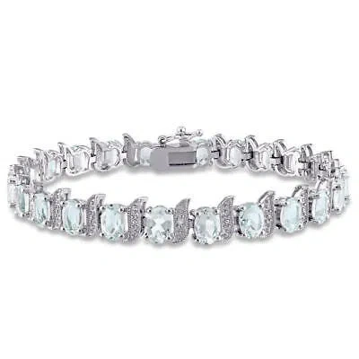Pre-owned Amour 9 5/8 Ct Tgw Aquamarine And Diamond S-link Bracelet In Sterling Silver In White