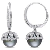 AMOUR AMOUR 9-9.5 MM BLACK TAHITIAN CULTURED PEARL AND 1/2 CT TW DIAMOND FLORAL DROP LEVERBACK EARRINGS IN