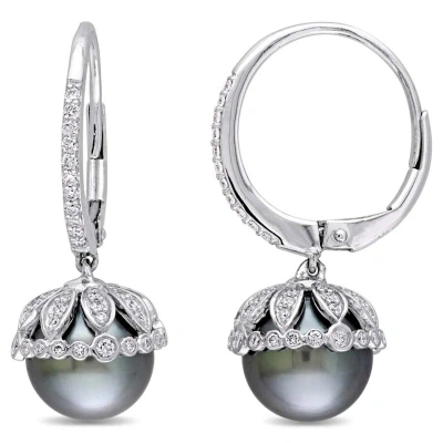 Amour 9-9.5 Mm Black Tahitian Cultured Pearl And 1/2 Ct Tw Diamond Floral Drop Leverback Earrings In In Gray