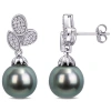 AMOUR AMOUR 9-9.5 MM BLACK TAHITIAN CULTURED PEARL AND 1/5 CT TW DIAMOND FLORAL DROP EARRINGS IN 10K WHITE