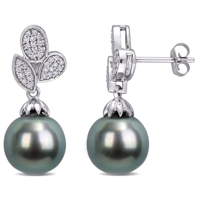 Amour 9-9.5 Mm Black Tahitian Cultured Pearl And 1/5 Ct Tw Diamond Floral Drop Earrings In 10k White