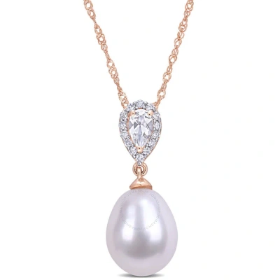Amour 9-9.5 Mm Freshwater Cultured Pearl 1/4 Ct Tgw White Topaz And Diamond Accent Drop Pendant With