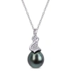 AMOUR AMOUR 9-9.5MM BLACK TAHITIAN CULTURED PEARL AND 1/10 CT TW DIAMOND TWIST DROP PENDANT WITH CHAIN IN 