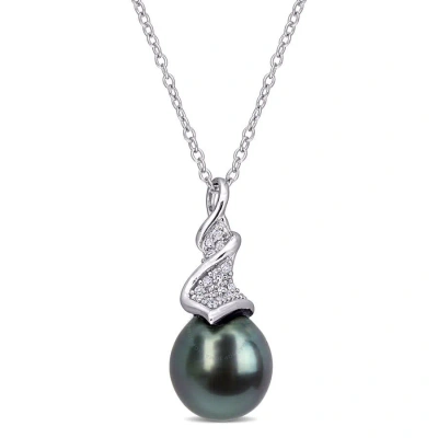 Amour 9-9.5mm Black Tahitian Cultured Pearl And 1/10 Ct Tw Diamond Twist Drop Pendant With Chain In