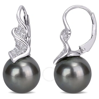 Amour 9-9.5mm Black Tahitian Cultured Pearl And 1/6 Ct Tw Diamond Leverback Earrings In Sterling Sil
