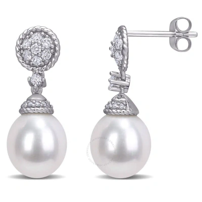 Amour 9-9.5mm Cultured Freshwater Pearl And 1/3 Ct Tw Diamond Drop Earrings In 14k White Gold