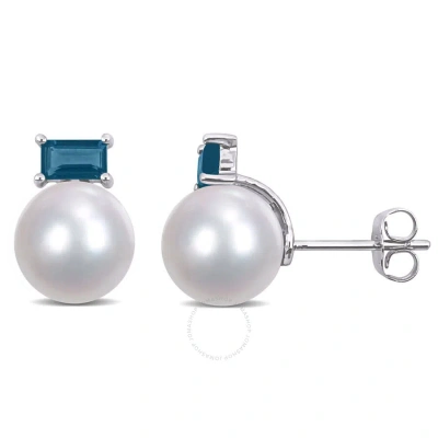 Amour 9-9.5mm Cultured Freshwater Pearl And 4/5 Ct Tgw Baguette London-blue Topaz Stud Earrings In 1 In White