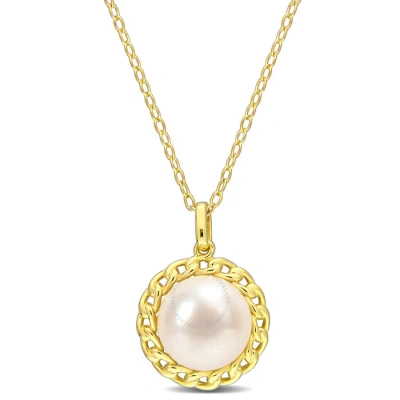 Amour 9-9.5mm Cultured Freshwater Pearl Halo Link Pendant With Chain In Yellow Plated Sterling Silve