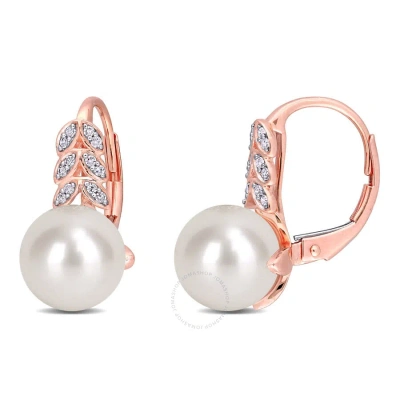 Amour 9-9.5mm Cultured White Freshwater Pearl And 1/10 Ct Tw Diamond Leverback Earrings In 10k Rose In Pink
