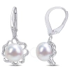 AMOUR AMOUR 9-9.5MM FRESHWATER CULTURED PEARL AND 1/10 CT TDW DIAMOND FLORAL LEVERBACK EARRINGS IN STERLIN