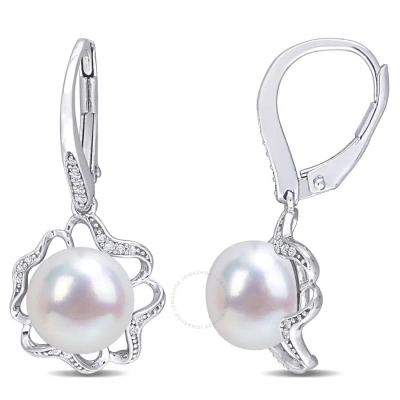 Amour 9-9.5mm Freshwater Cultured Pearl And 1/10 Ct Tdw Diamond Floral Leverback Earrings In Sterlin In White