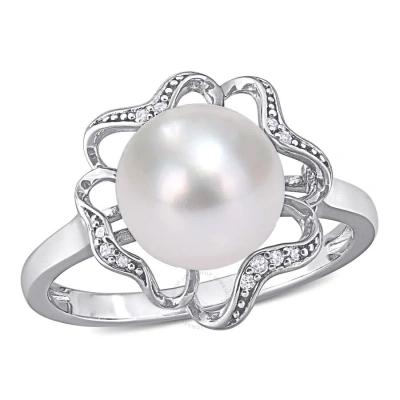 Amour 9-9.5mm Freshwater Cultured Pearl And Diamond-accent Floral Cocktail Ring In Sterling Silver In White