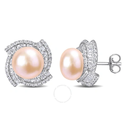 Amour 9-9.5mm Pink Freshwater Cultured Pearl And 2 1/8 Ct Tgw Cubic Zirconia Swirl Earrings In Sterl In White
