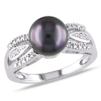 Amour 9 - 9.5 Mm Black Tahitian Pearl And Diamond Split Shank Ring In Sterling Silver In ["white"]