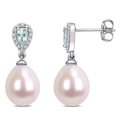 Pre-owned Amour 9-9.5 Mm Freshwater Cultured Pearl 3/8 Ct Tgw Aquamarine And 1/7 Ct Tw In White