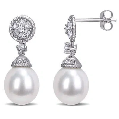 Pre-owned Amour 9-9.5mm Cultured Freshwater Pearl And 1/3 Ct Tw Diamond Drop Earrings In In White