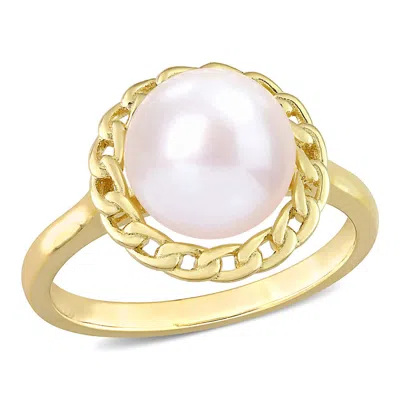 Amour 9-9.5mm Cultured Freshwater Pearl Halo Link Ring In Yellow Plated Sterling Silver In Gold