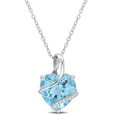 Amour 9 Ct Tgw Sky Blue Topaz And Diamond Accent Heart Wrapped Pendant With Chain In Sterling Silver In White