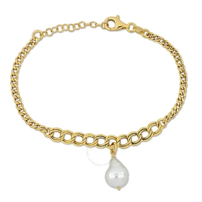 Amour 9 Mm Cultured Freshwater Natural Shape Pearl Bracelet With Graduating Link Chain In Yellow Gol