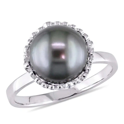 Amour 9.5 - 10 Mm Black Tahitian Pearl And 1/4 Ct Tw Diamond Cocktail Ring In 14k White Gold In Black / Gold / White