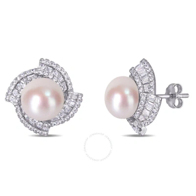 Amour 9.5 - 10 Mm Cultured Freshwater Pearl And 2 1/8 Ct Tgw Cubic Zirconia Geometric Stud Earrings In White