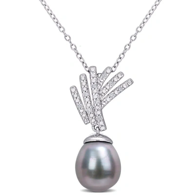 Amour 9.5-10mm Black Tahitian Cultured Pearl And Diamond Accent Drop Pendant With Chain In Sterling  In White