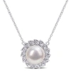 Amour 9.5-10mm Freshwater Cultured Pearl And 1/6 Ct Tgw Created White Sapphire Halo Pearl Pendant Wi In White