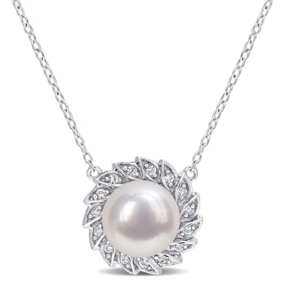 Amour 9.5-10mm Freshwater Cultured Pearl And 1/6 Ct Tgw Created White Sapphire Halo Pearl Pendant Wi