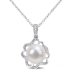 AMOUR AMOUR 9.5-10MM FRESHWATER CULTURED PEARL AND DIAMOND-ACCENT FLORAL PENDANT WITH CHAIN IN STERLING SI