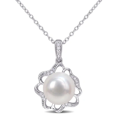 Amour 9.5-10mm Freshwater Cultured Pearl And Diamond-accent Floral Pendant With Chain In Sterling Si In White