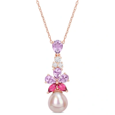 Amour 9.5-10mm Pink Freshwater Cultured Pearl 2 3/8 Ct Tgw Rose De France And White And Pink Topaz F
