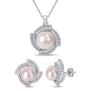 AMOUR AMOUR 9.5-12.5 MM CULTURED FRESHWATER PEARL 3 3/4 CUBIC ZIRCONIA GEOMETRIC HALO NECKLACE AND STUD EA
