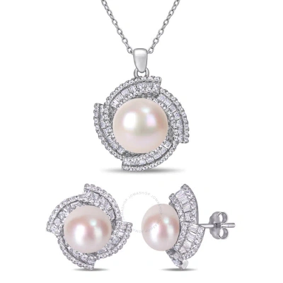 Amour 9.5-12.5 Mm Cultured Freshwater Pearl 3 3/4 Cubic Zirconia Geometric Halo Necklace And Stud Ea In White