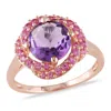 AMOUR AMOUR AMETHYST AND CREATED PINK SAPPHIRE ROSEBUD RING IN ROSE PLATED STERLING SILVER