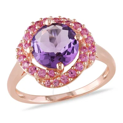 Amour Amethyst And Created Pink Sapphire Rosebud Ring In Rose Plated Sterling Silver In Gold