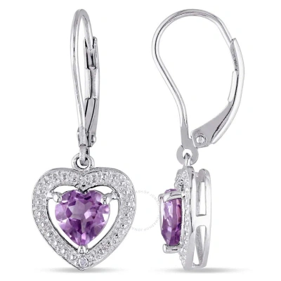 Amour Amethyst And Diamond Heart Leverback Earrings In Sterling Silver In Amethyst / Silver / White