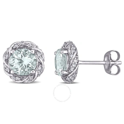 Amour Aquamarine And 1/5 Ct Tw Diamond Halo Stud Earrings In 10k White Gold