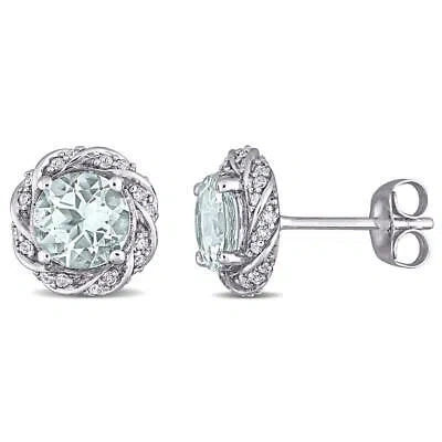 Pre-owned Amour Aquamarine And 1/5 Ct Tw Diamond Halo Stud Earrings In 10k White Gold