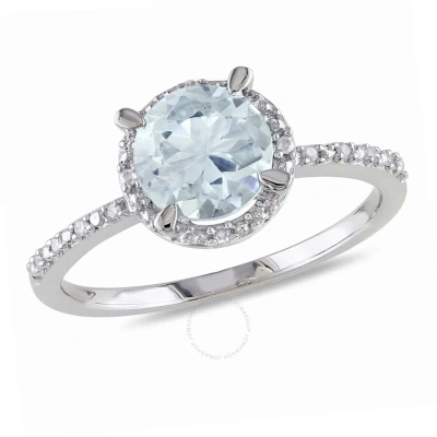 Amour Aquamarine And Diamond Accent Halo Ring In Sterling Silver In Aqua / Aquamarine / Silver / White
