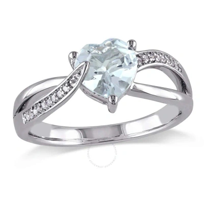 Amour Aquamarine And Diamond Heart Crossover Ring In Sterling Silver In Blue