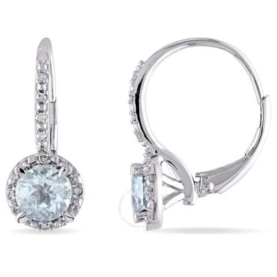 Amour Aquamarine And Diamond Leverback Halo Earrings In Sterling Silver In Aqua / Aquamarine / Silver / White