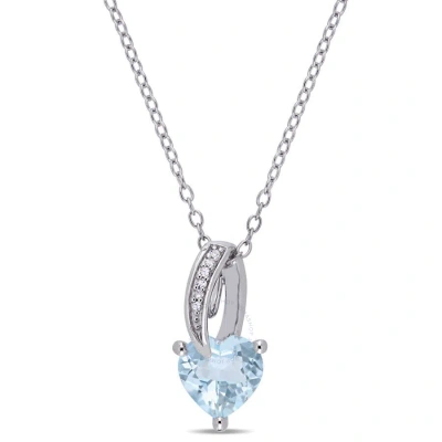 Amour Aquamarine Heart And Diamond Drop Pendant With Chain In Sterling Silver In Metallic