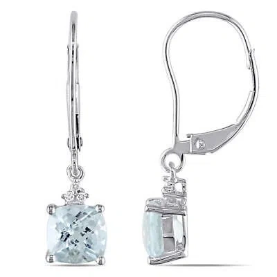 Pre-owned Amour Aquamarine Leverback Earrings With Diamonds In 10k White Gold