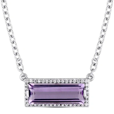 Amour Baguette Cut African Amethyst And White Sapphire Halo Necklace In Sterling Silver In Purple