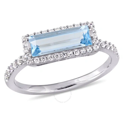 Amour Baguette-cut Blue Topaz And White Sapphire Halo Ring In Sterling Silver